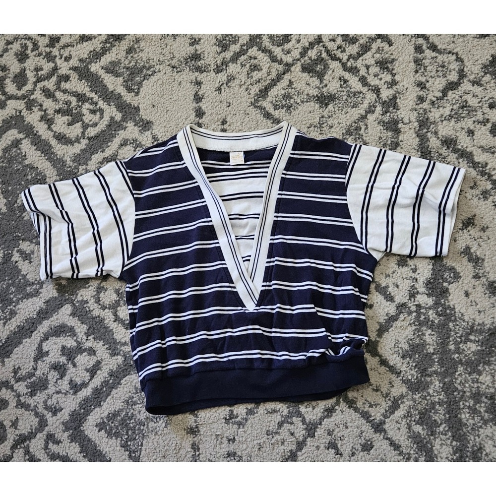 Vintage Jantzen 1980s Navy White Striped Deep V-Neck Knit Top Made in USA Medium